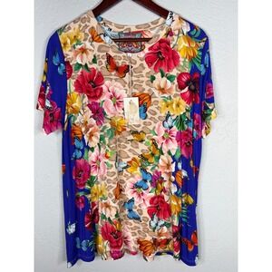 Johnny Was Womens Bamboo Floral Mayflower Leopard Butterfly Print T-Shirt Multi